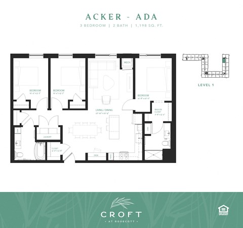 Floor plan for 3 beds, 2 baths, 1198 sqft